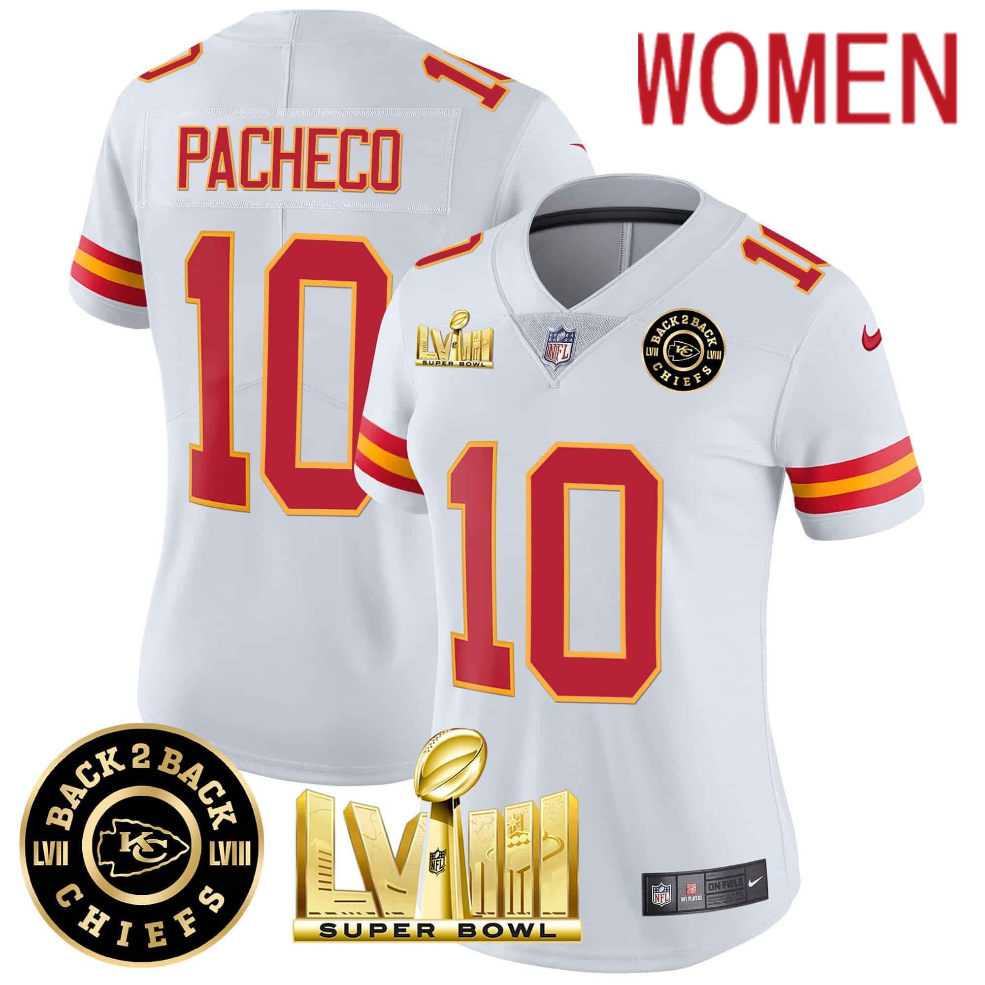 Women Kansas City Chiefs #10 Pacheco White 2024 Nike Super Bowl LVIII & Back-2-Back Patch Vapor NFL Jersey